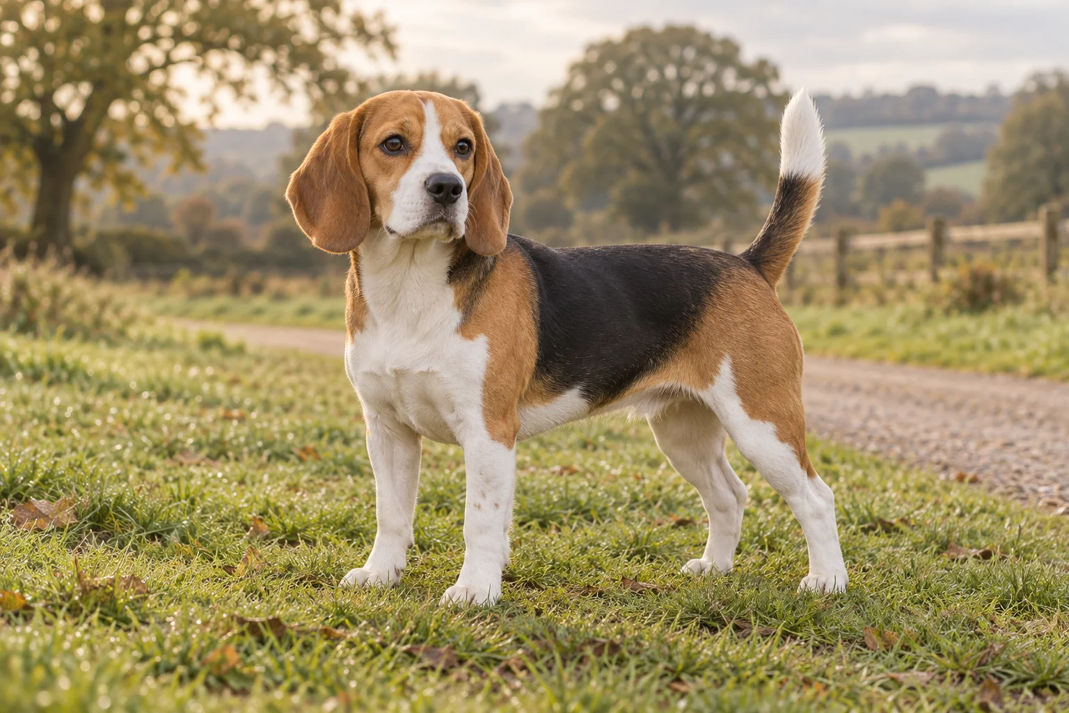 En vuxen trefärgad beagle står i gräset vid en lantlig gångväg med träd och trästaket i bakgrunden.