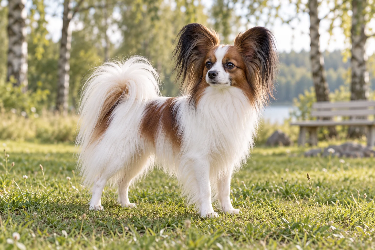 En vuxen vit och sobelfärgad papillon står i gräset med björkar och en bänk i bakgrunden.