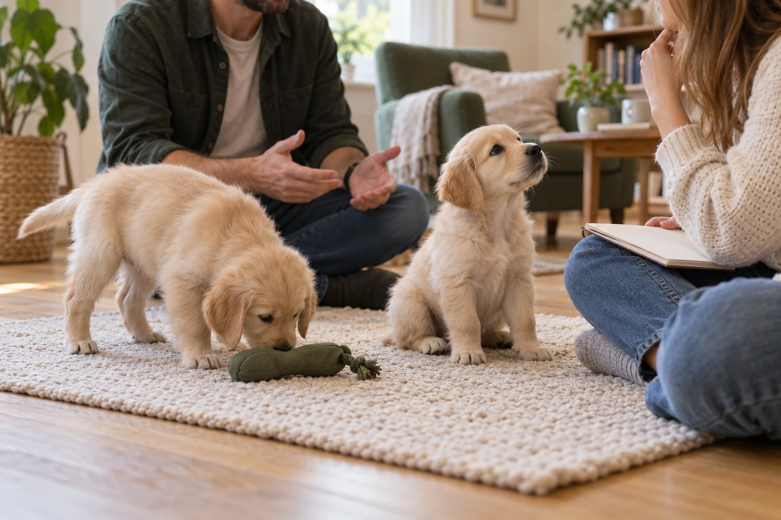 Två golden retrievervalpar på en matta medan två vuxna samtalar vid ett uppfödarbesök.