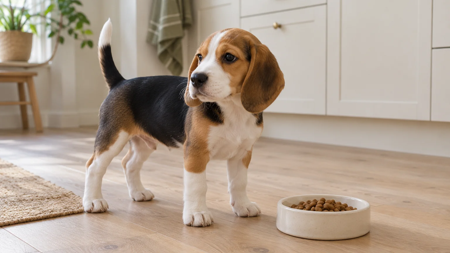 Trefärgad beaglevalp står vid en ljus matskål i ett lugnt kök.