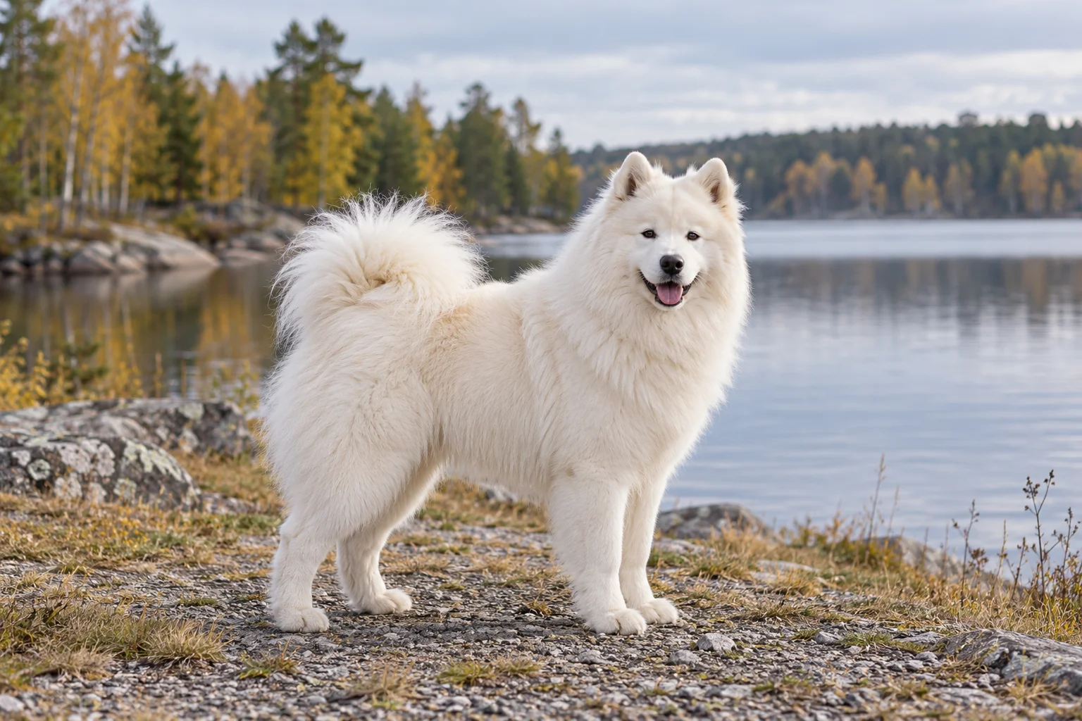 En vuxen vit samojed med uppåtburen yvig svans står på en grusig strand vid en sjö med höstfärgade björkar.