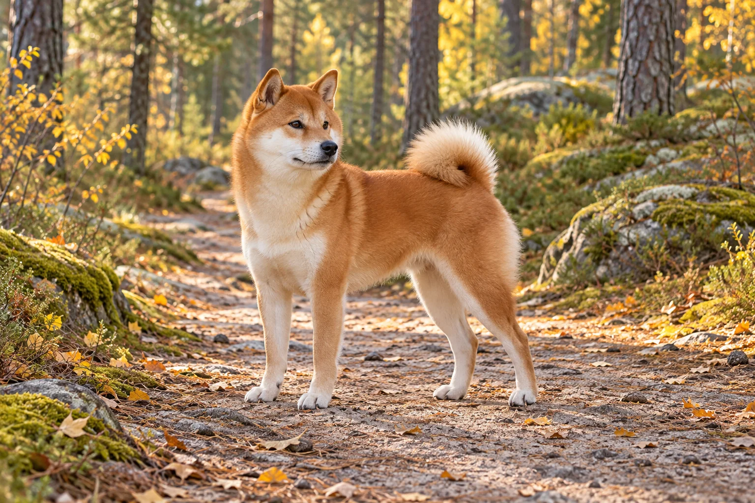 En vuxen röd shiba med ljusa tecken och ringlad svans står på en skogsstig bland tallar, mossiga stenar och höstlöv.