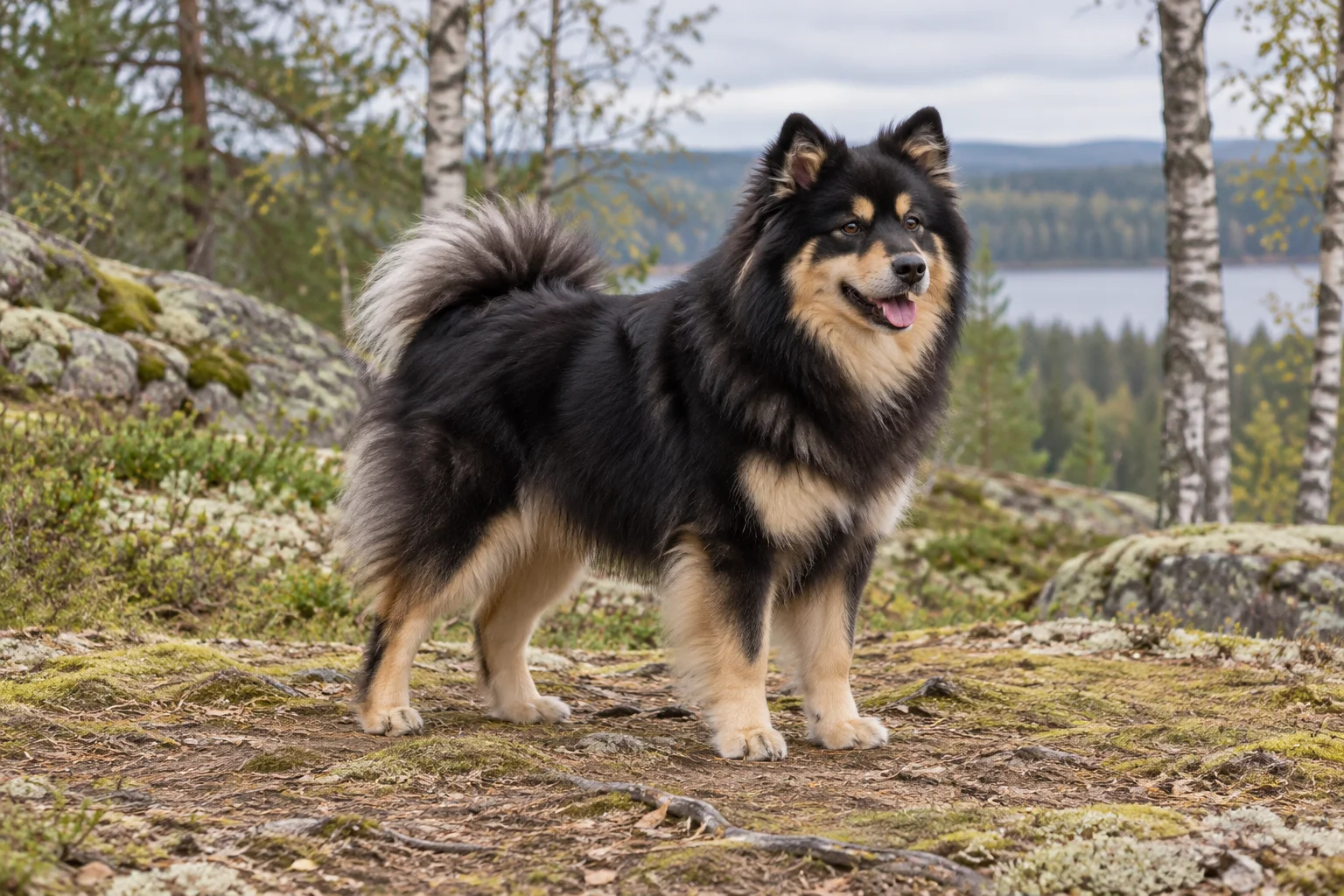 En vuxen svart och tanfärgad finsk lapphund står bland mossa och stenar med björkar och en sjö i bakgrunden.