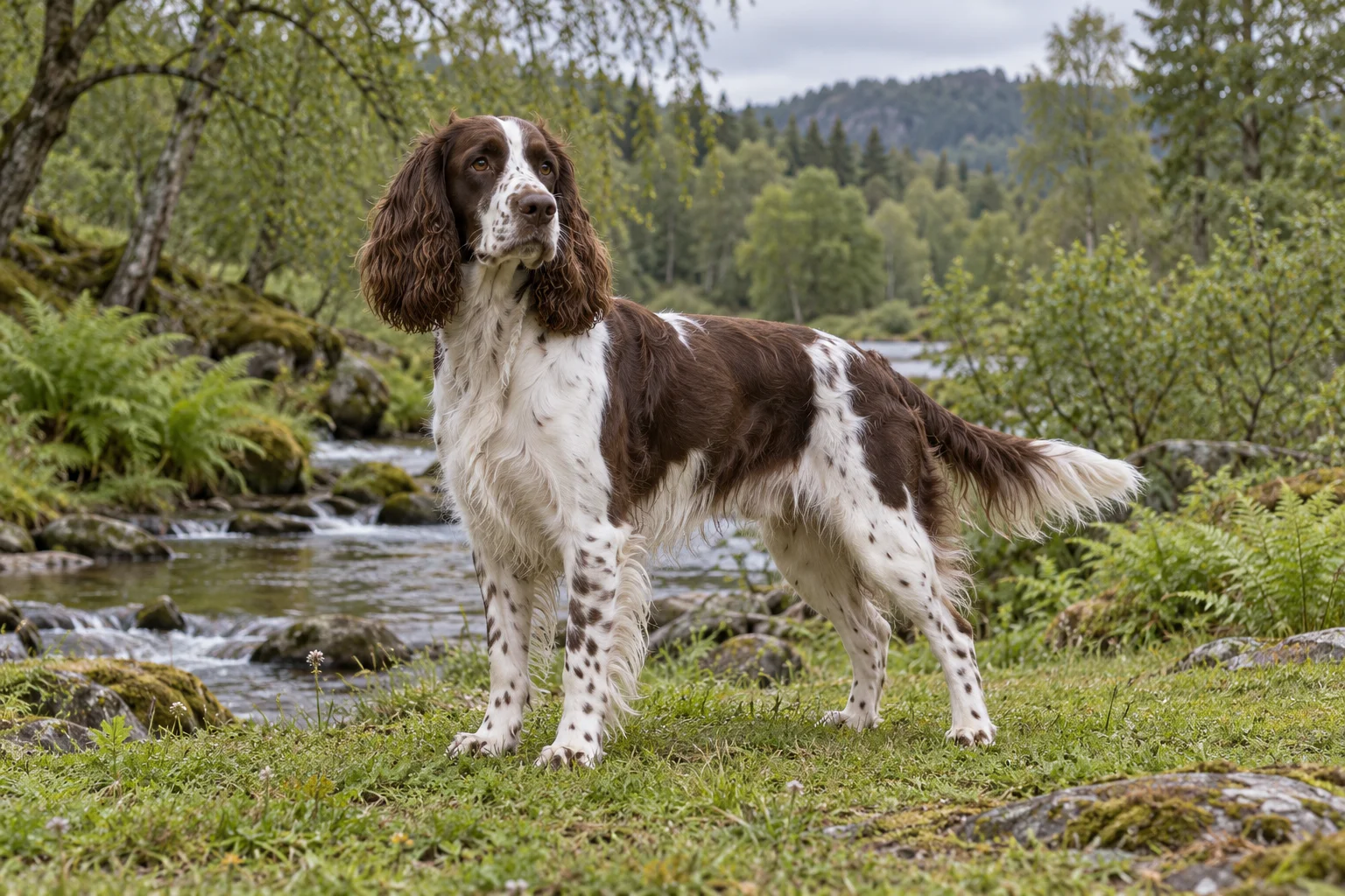 En vuxen brunvit engelsk springer spaniel står på en gräsbevuxen strand intill en bäck med lövträd i bakgrunden.