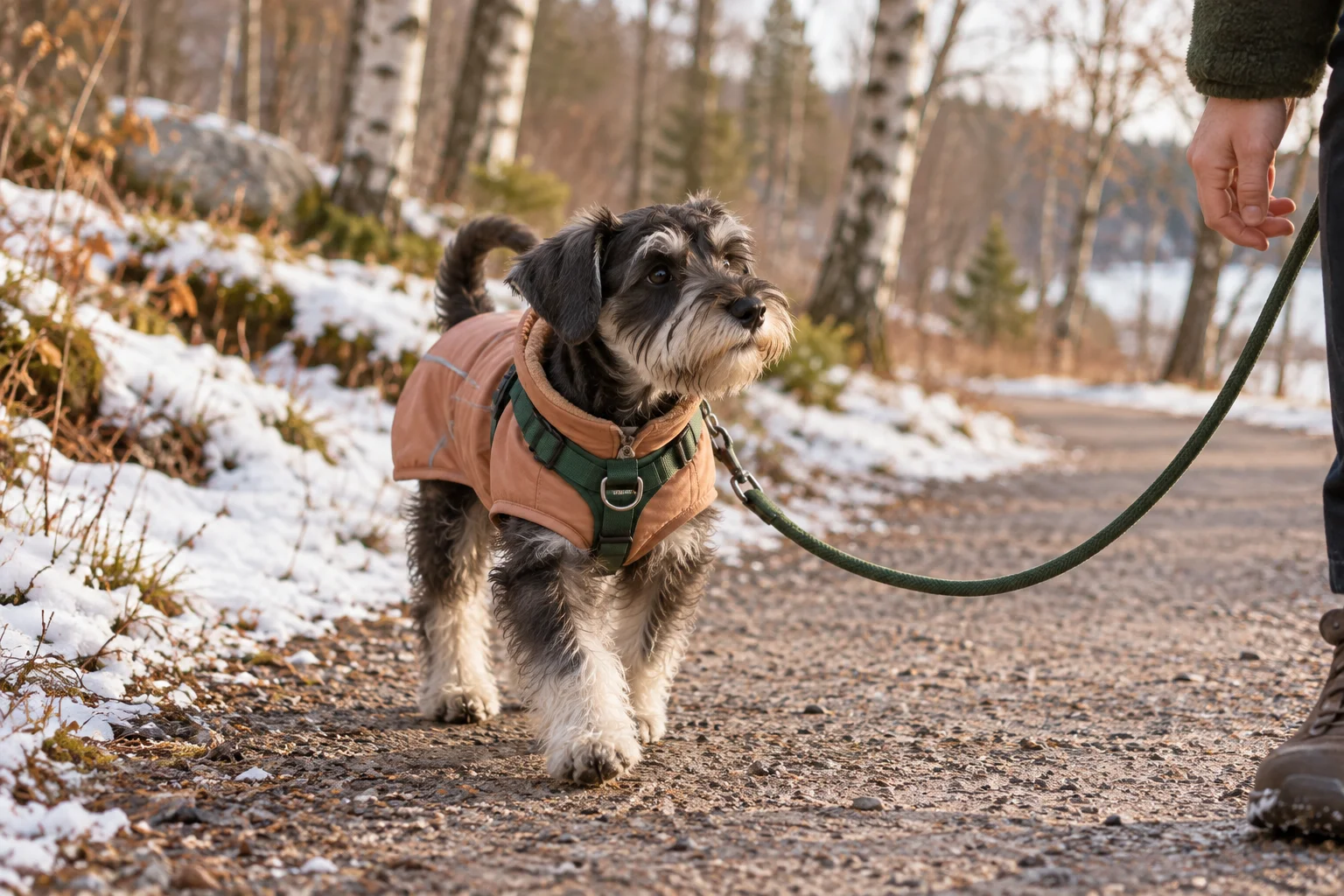 En grå dvärgschnauzervalp i aprikosfärgat täcke och grön sele går på en röjd gångväg med snö intill.