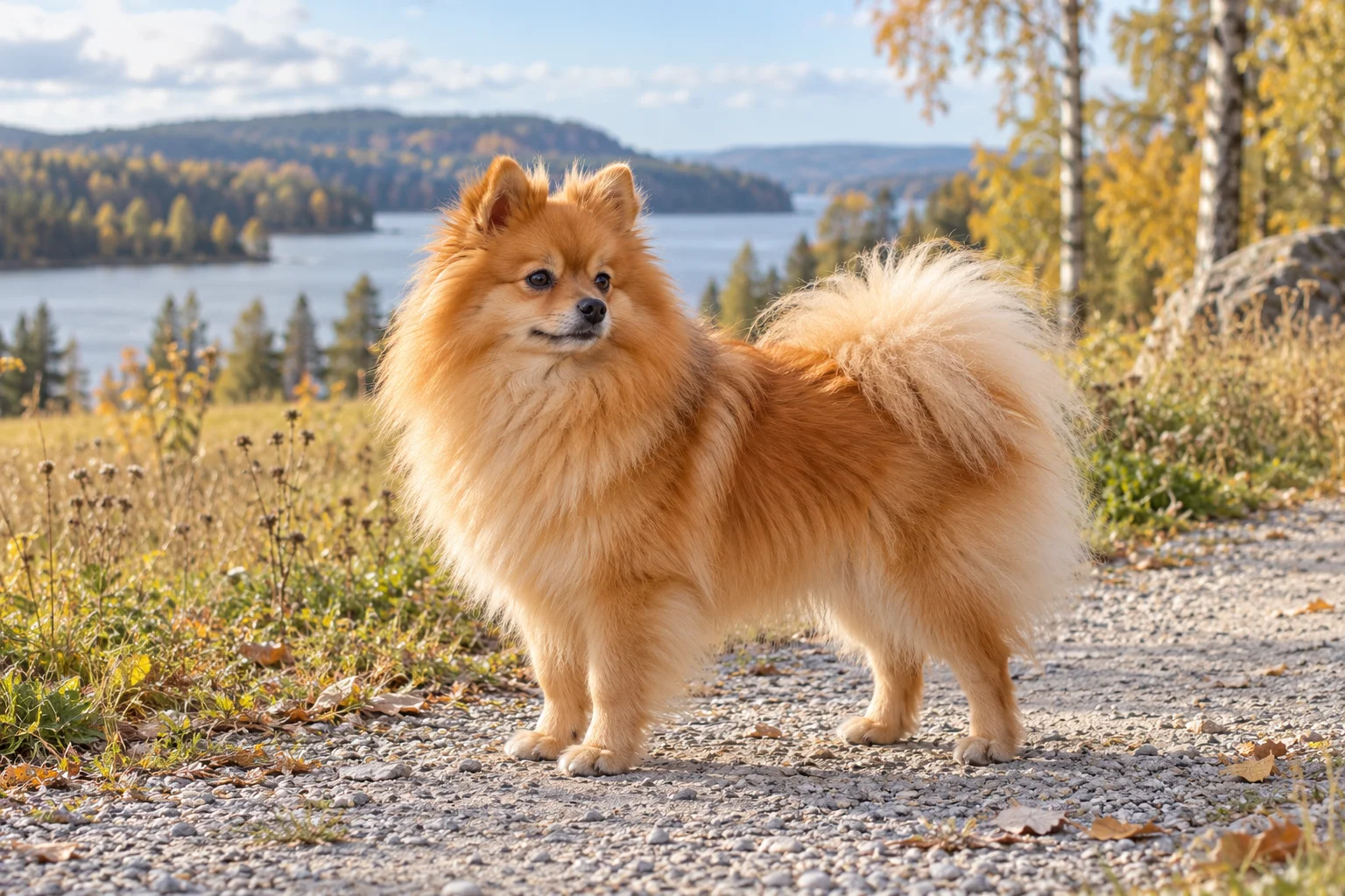 En vuxen orange pomeranian står på en grusgång vid höstgräs med en sjö och björkar i bakgrunden.