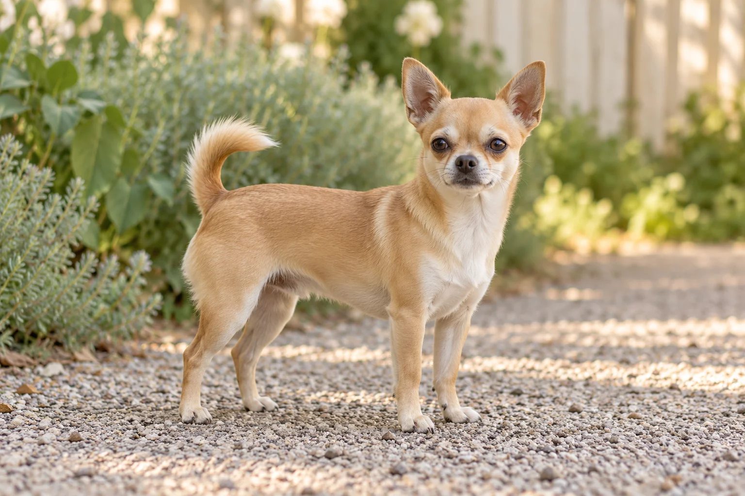 En vuxen korthårig, sandfärgad chihuahua står på en grusgång i en grön trädgård.