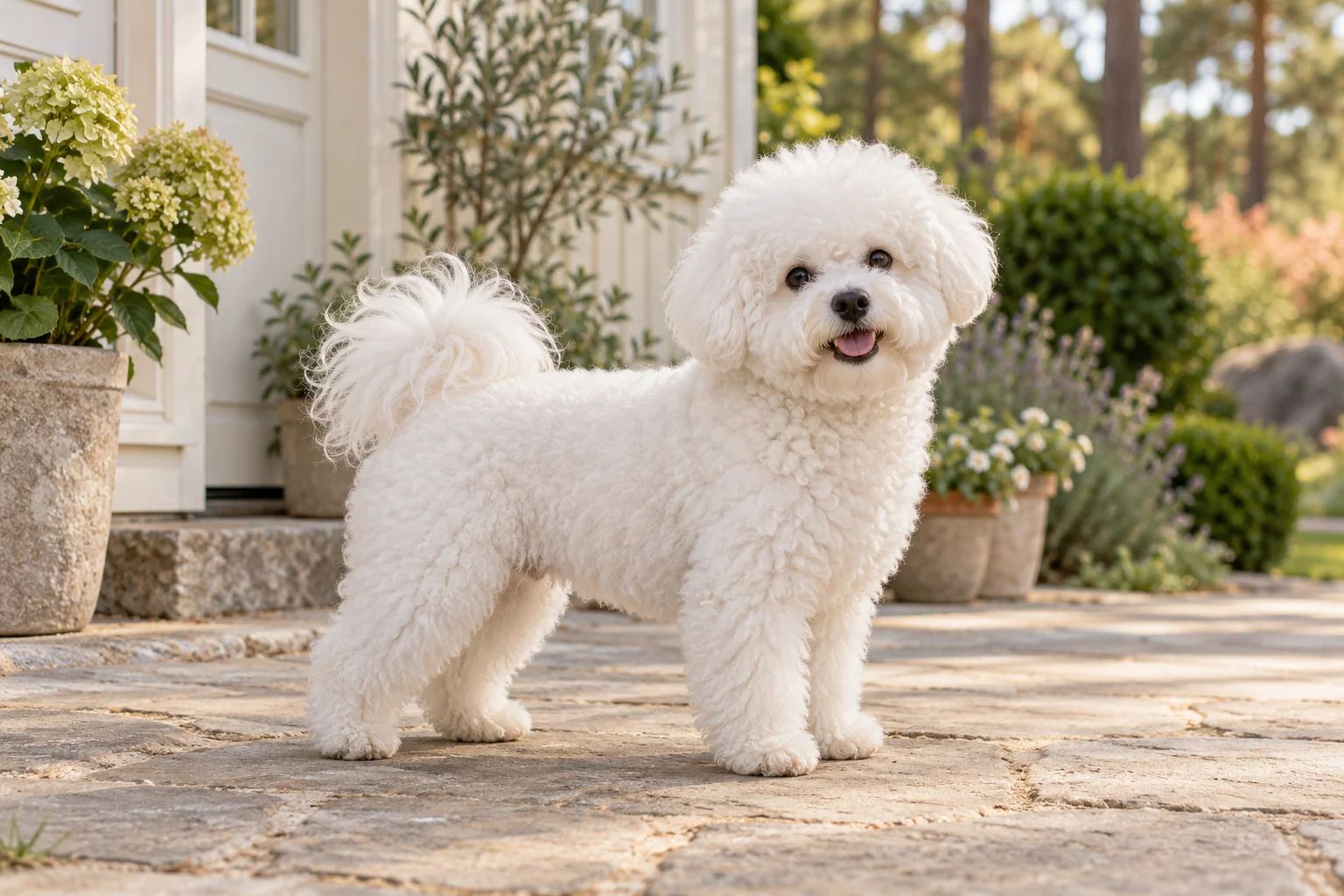 En vuxen vit bichon frisé står på en ljus stenlagd uteplats framför ett hus.