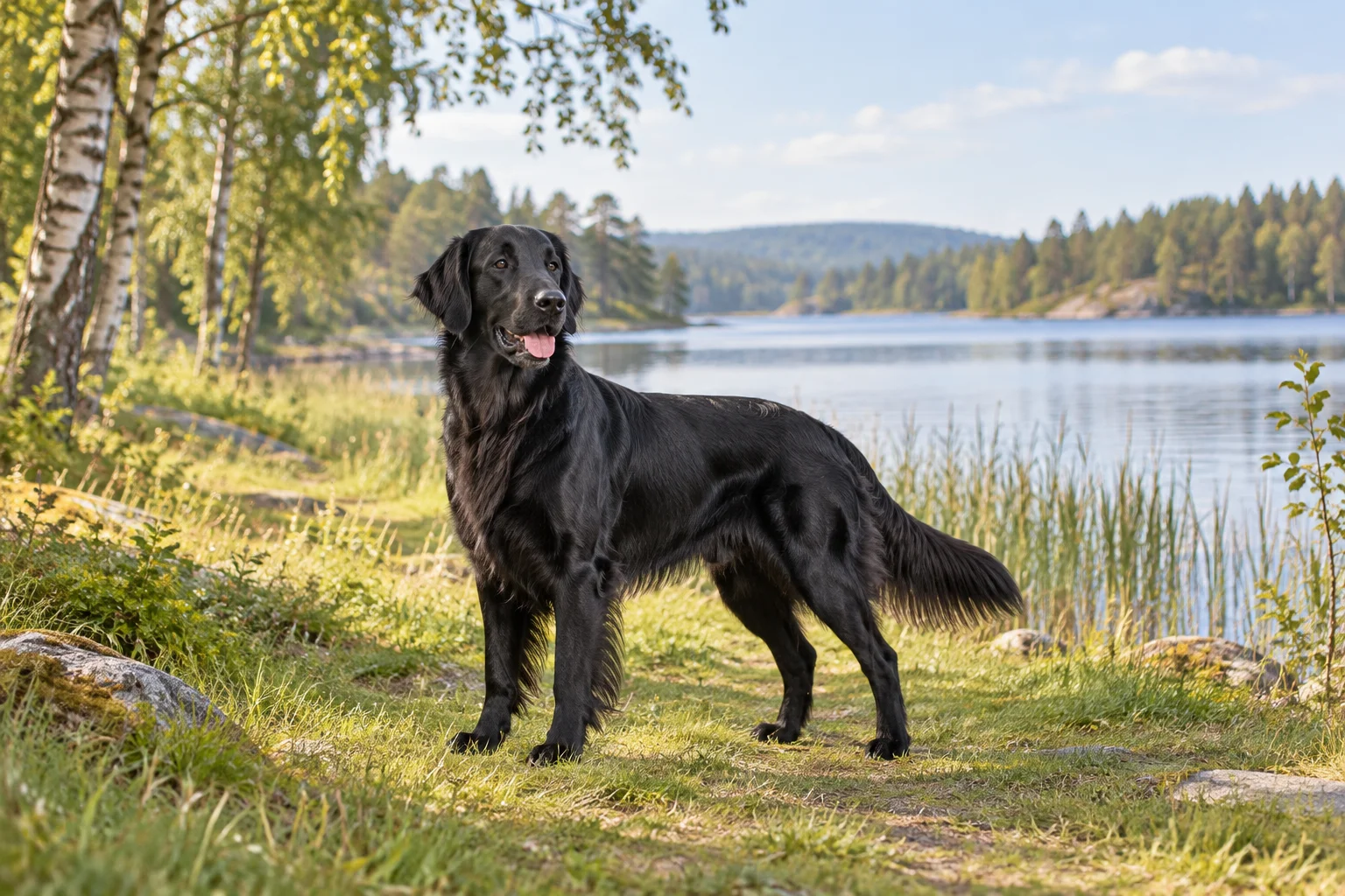 En vuxen svart flatcoated retriever står på en grässtig vid en sjö med vass och björkar.