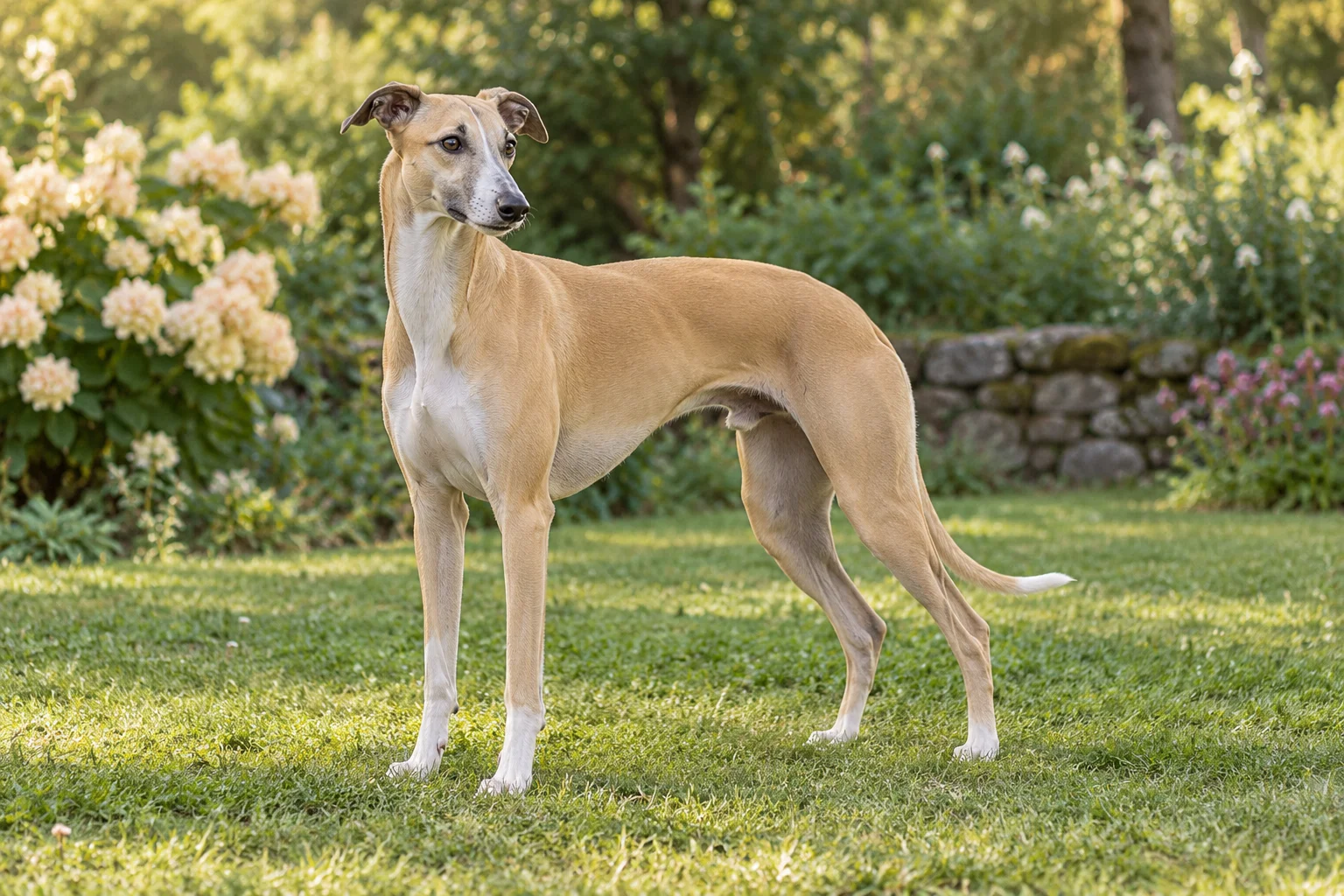 En vuxen sandfärgad whippet med vit bringa står på gräset i en grön trädgård.