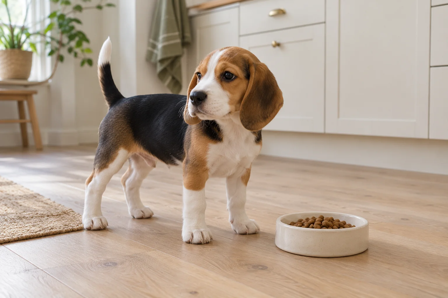 Trefärgad beaglevalp står vid en ljus matskål i ett lugnt kök.