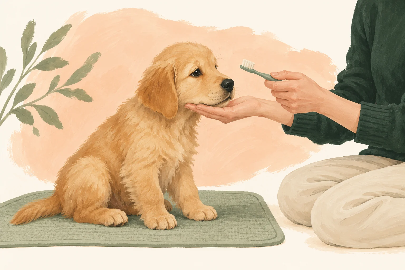 Illustration av en valp som vilar hakan i en öppen hand medan den bekantar sig med en tandborste.