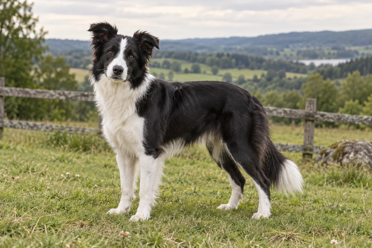 En vuxen svartvit border collie står på en gräsbevuxen äng framför ett trästaket med gröna kullar i bakgrunden.