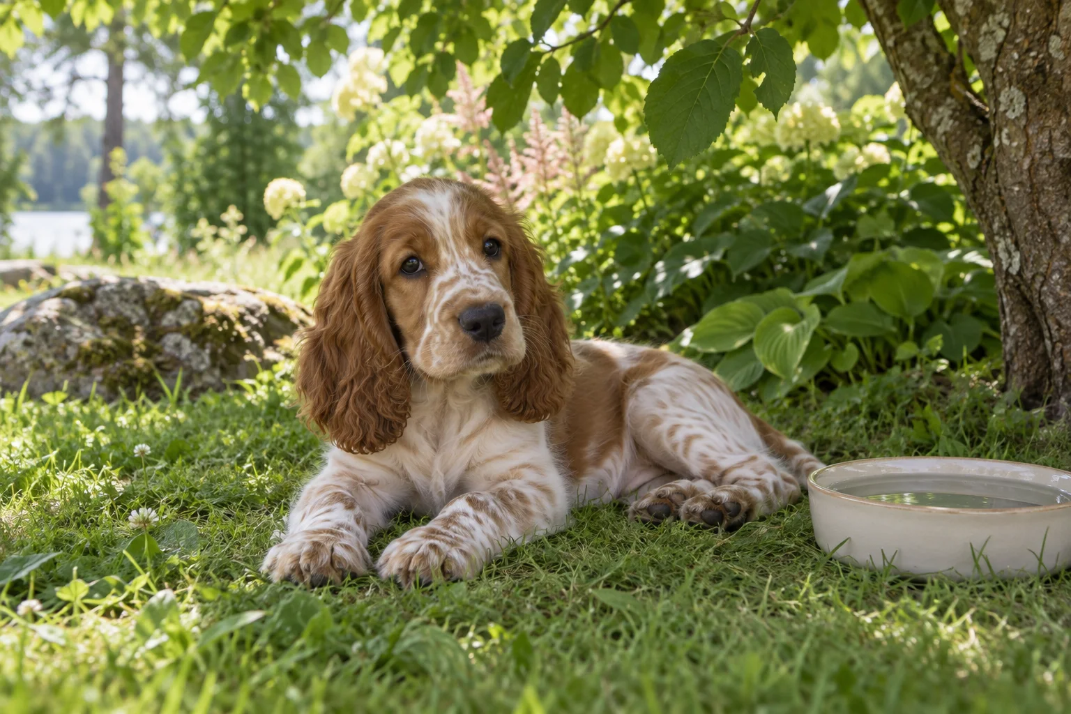 Brunvit cockerspanielvalp vilar i skuggan på gräset med en vattenskål intill.