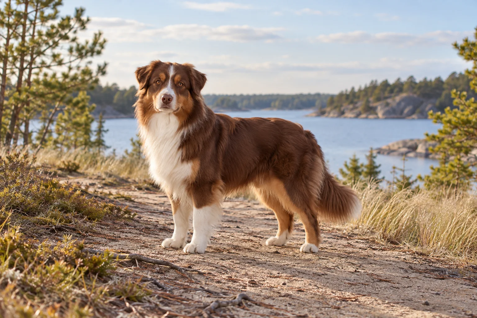 En vuxen röd trefärgad australian shepherd står på en sandig stig vid en sjö med tallar och torrt gräs.