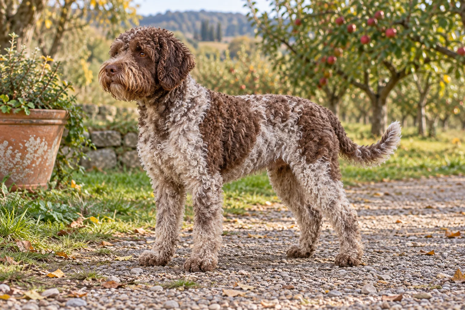 En vuxen brunskimmelfärgad lagotto romagnolo står på en grusgång vid en terrakottakruka och äppelträd.