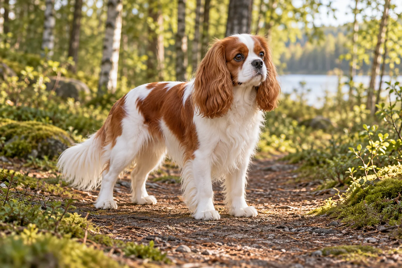 En vuxen vit och kastanjefärgad cavalier king charles spaniel står på en mosskantad skogsstig bland björkar.