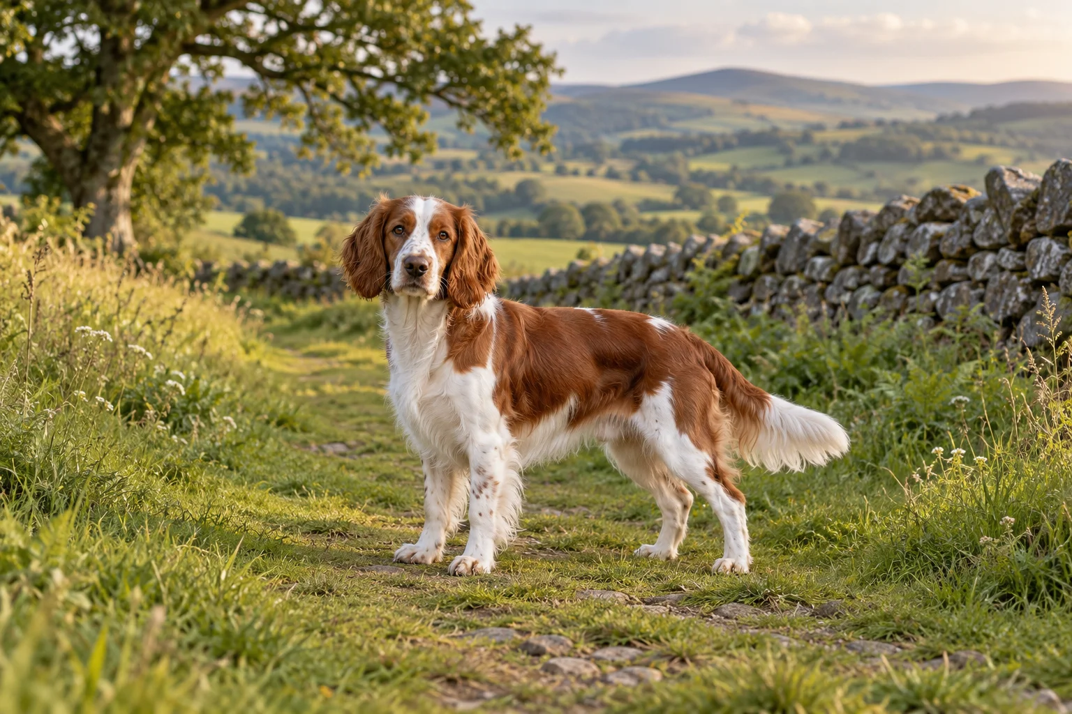 En vuxen rödvit welsh springer spaniel står på en grön stig vid en låg stenmur med böljande kullar i bakgrunden.