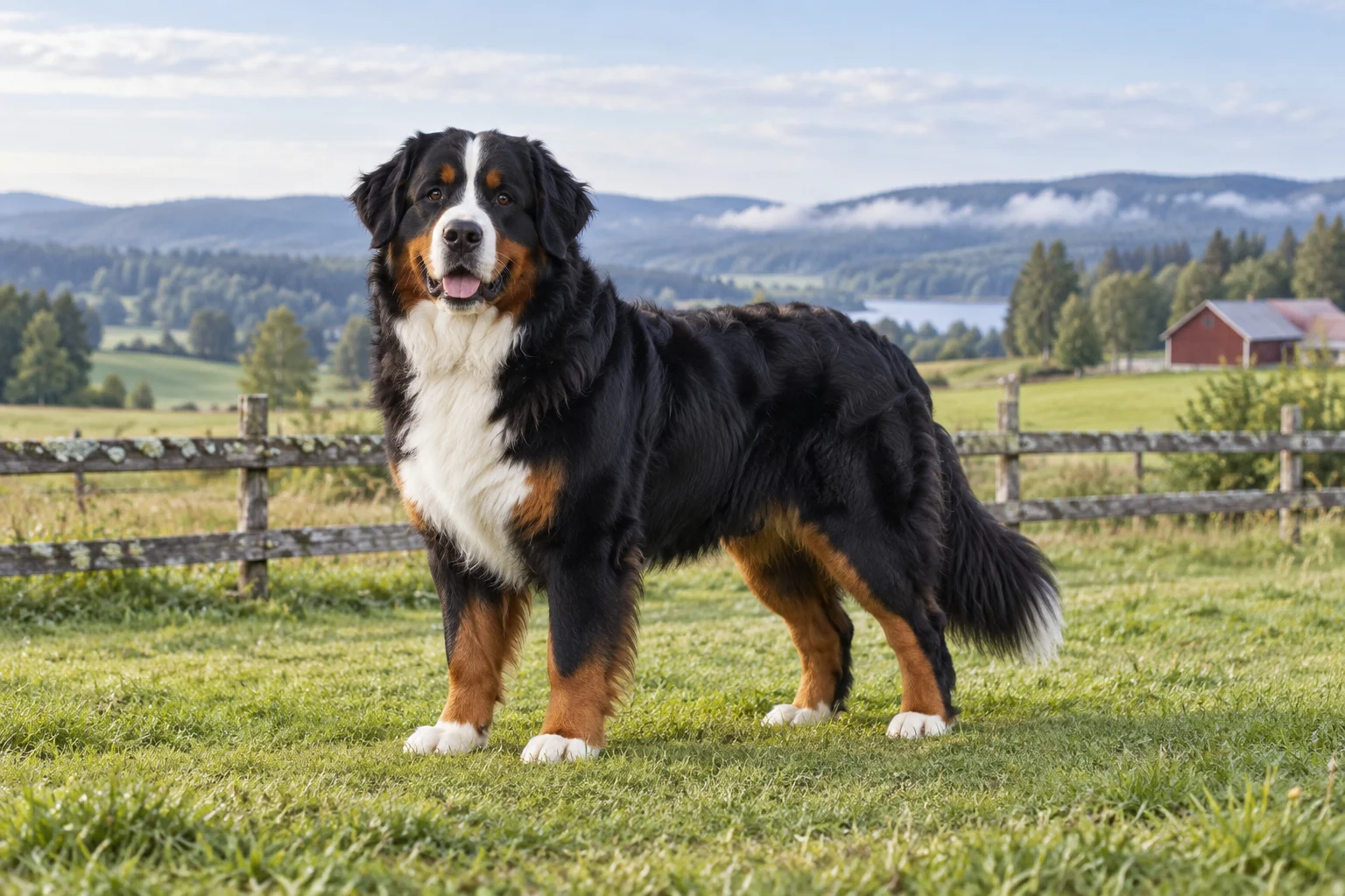 En vuxen trefärgad berner sennenhund står på gräs vid ett trästaket med kullar, sjö och en röd lada i bakgrunden.