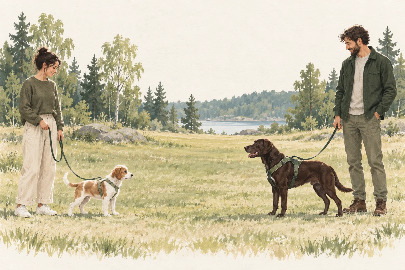Illustration av en valp och en vuxen hund med varsin person och gott om utrymme mellan sig.