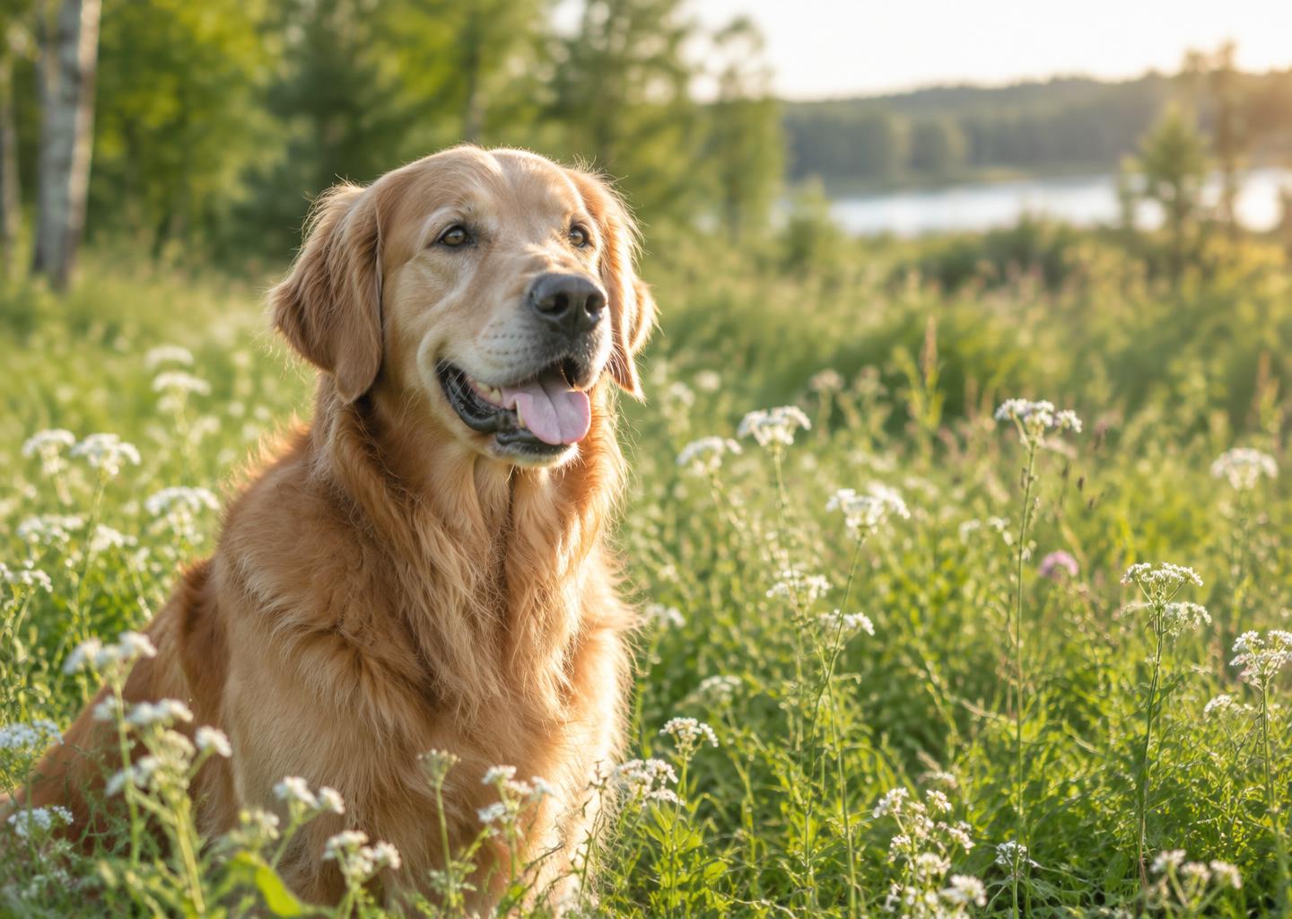 En hund i en grön sommaräng