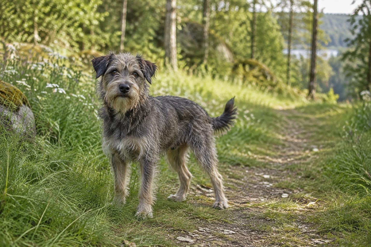 En liten strävhårig hund på en grön stig utomhus